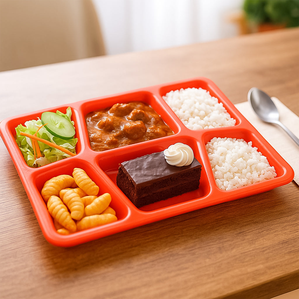Plastic Multi-compartment Rectangular Meal Serving Tray  Plate (1 Pc  Red)